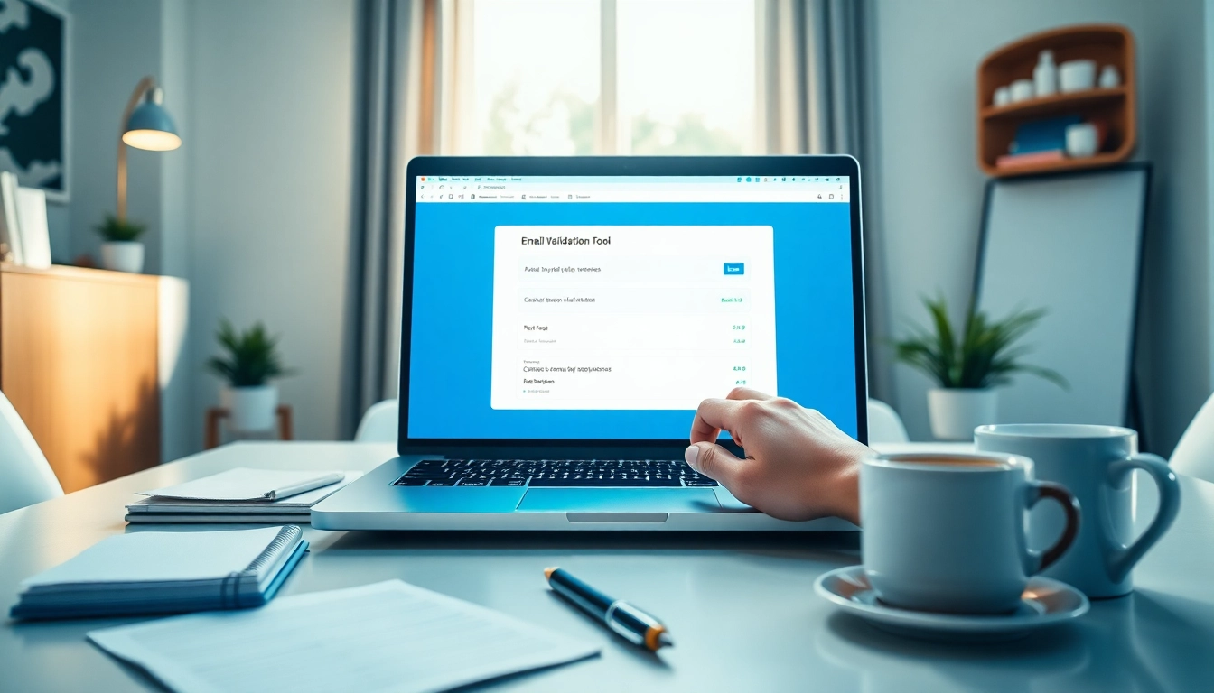 Interface d'outils de validation d'email sur un ordinateur portable dans un espace de travail moderne.