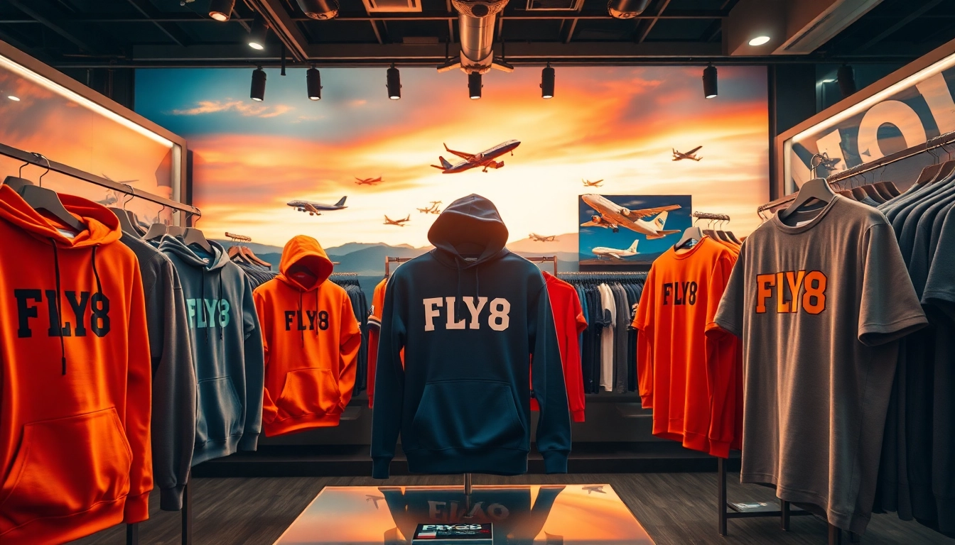 FLY88 aviation-inspired apparel collection displayed in a stylish boutique.