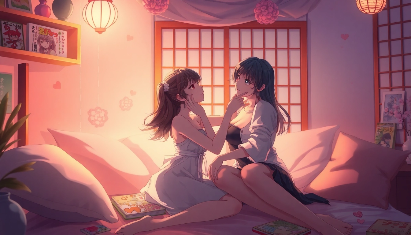 Anime sex scene featuring romantic characters in a cozy, pastel-lit room with playful expressions.