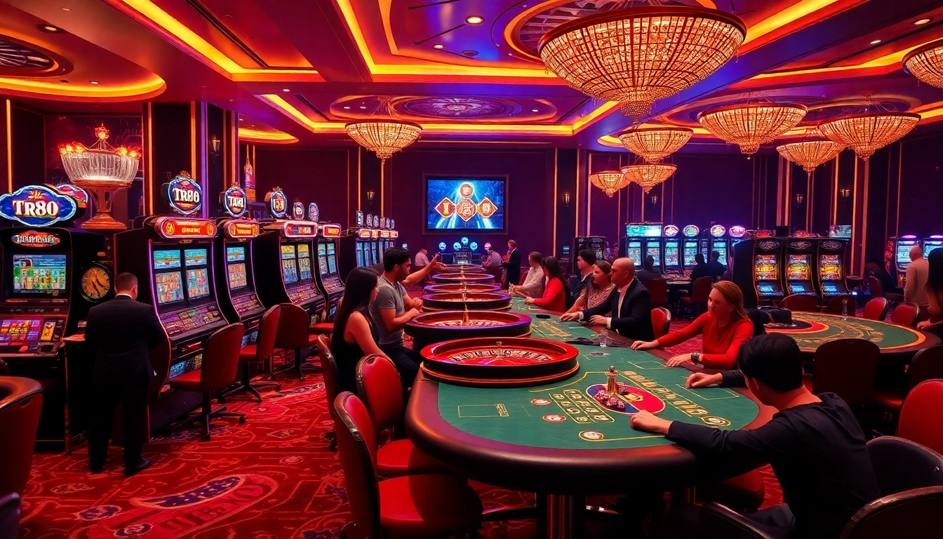 Players enjoy the thrilling atmosphere of tr88 casino with vibrant slot machines and classic poker tables.