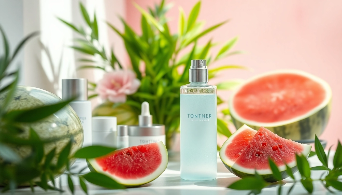 Toner för Glow visas elegant med färska ingredienser och mjukt ljus för en livfull hudvårdsrutin