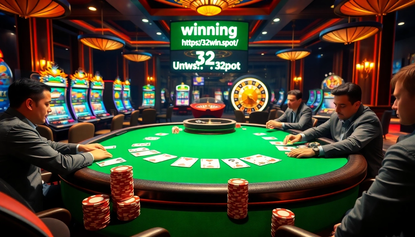 Experience the thrill of winning at https://32win.spot/ with vibrant casino tables and poker chips.