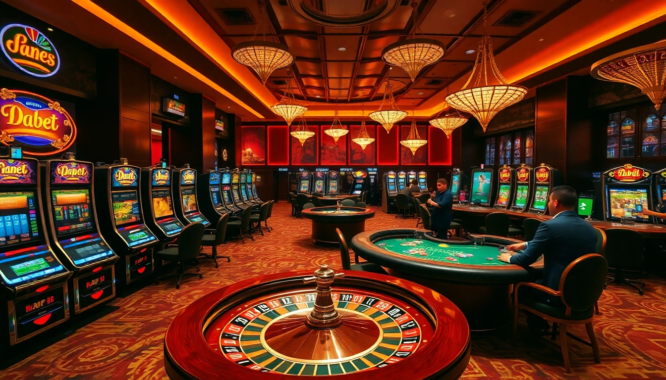 Dabet offers an immersive casino experience with vibrant slot machines, poker tables, and roulette spinning.