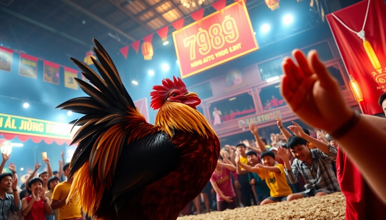 Alo789 captures the excitement of a traditional Vietnamese rooster fight, showcasing vibrant colors and lively audience energy.