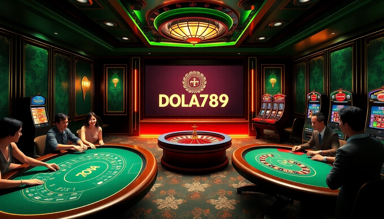 DOLA789 casino gaming experience showcasing poker tables and slot machines in a luxurious setting.