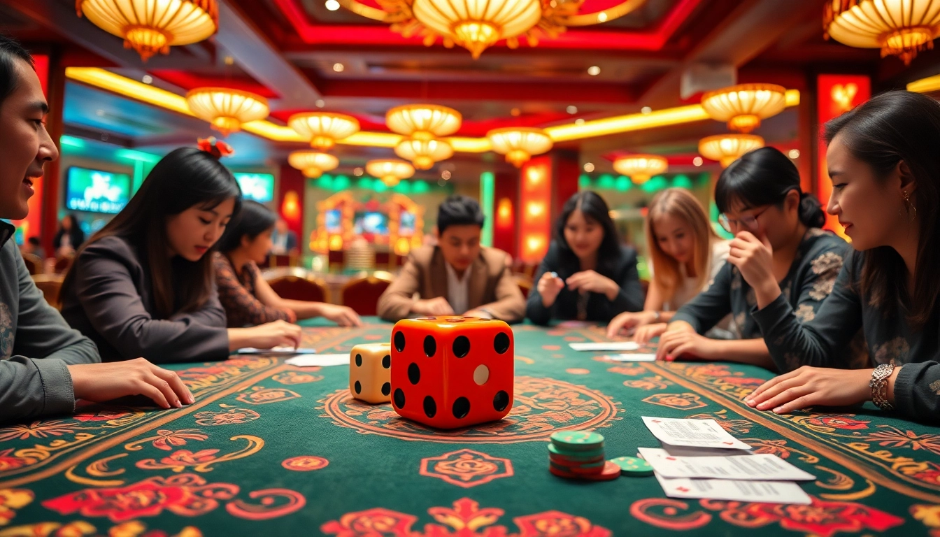 Players eagerly betting on tai xiu at a vibrant casino table full of excitement.