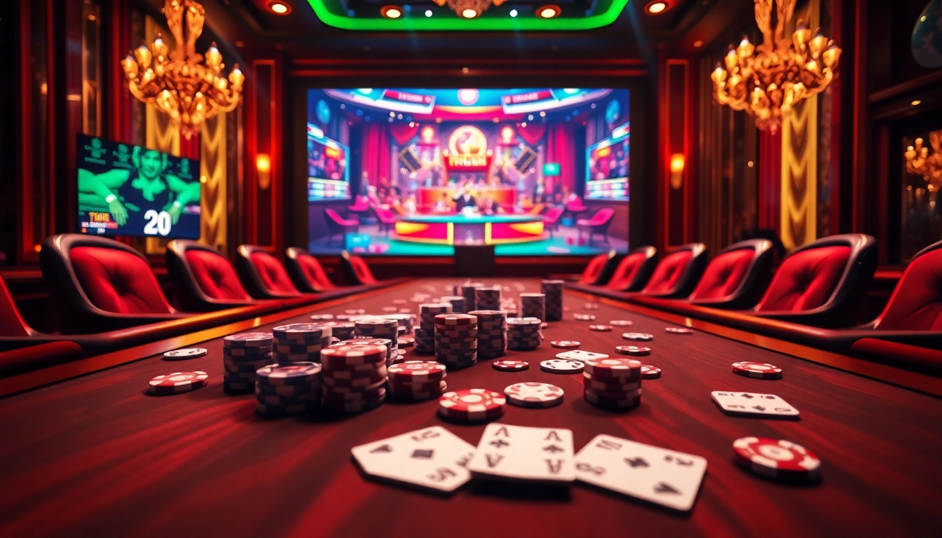The vibrant atmosphere of the best crypto casino featuring glamorous casino tables, shimmering poker chips, and live dealer gameplay.
