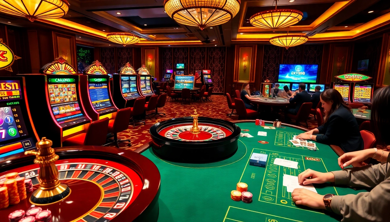 Experience dynamic gaming at Sky88 with vibrant slot machines and a roulette table.