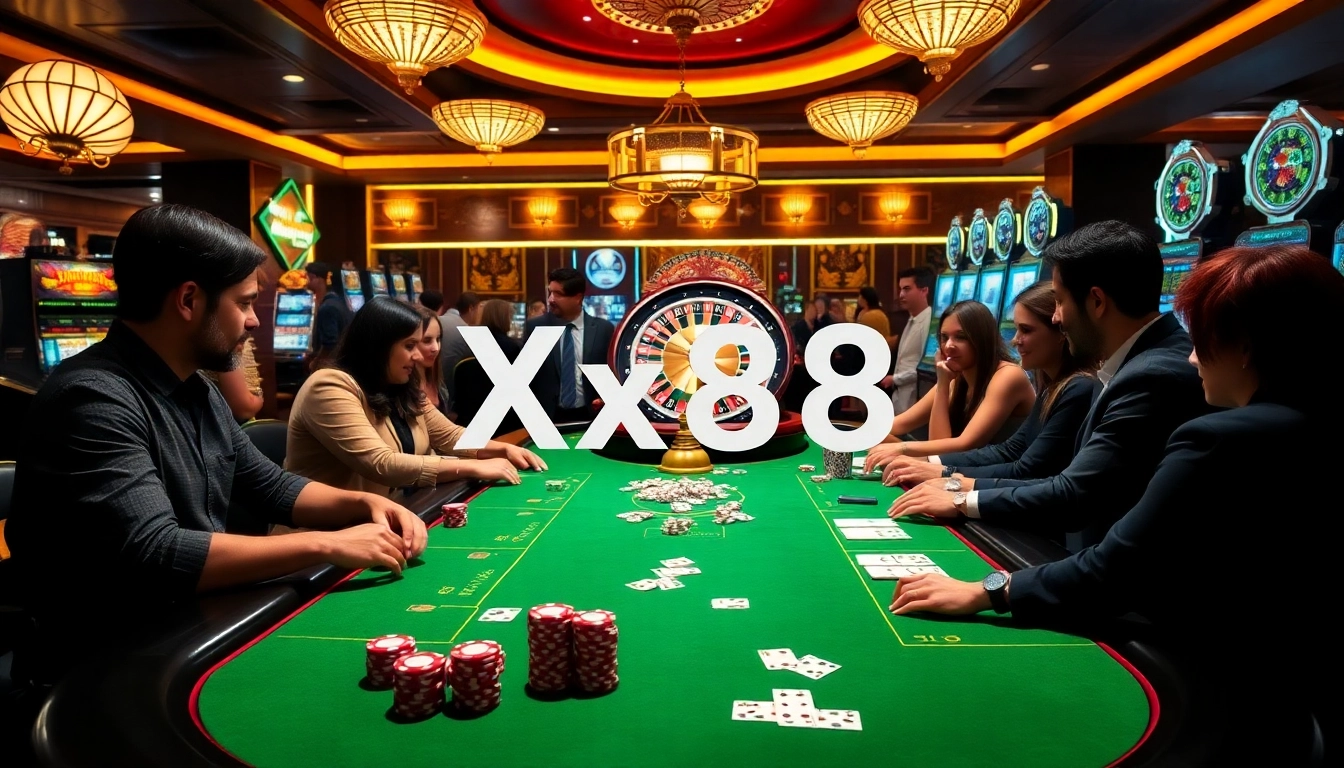 Xx88 players strategizing with chips at a vibrant casino table