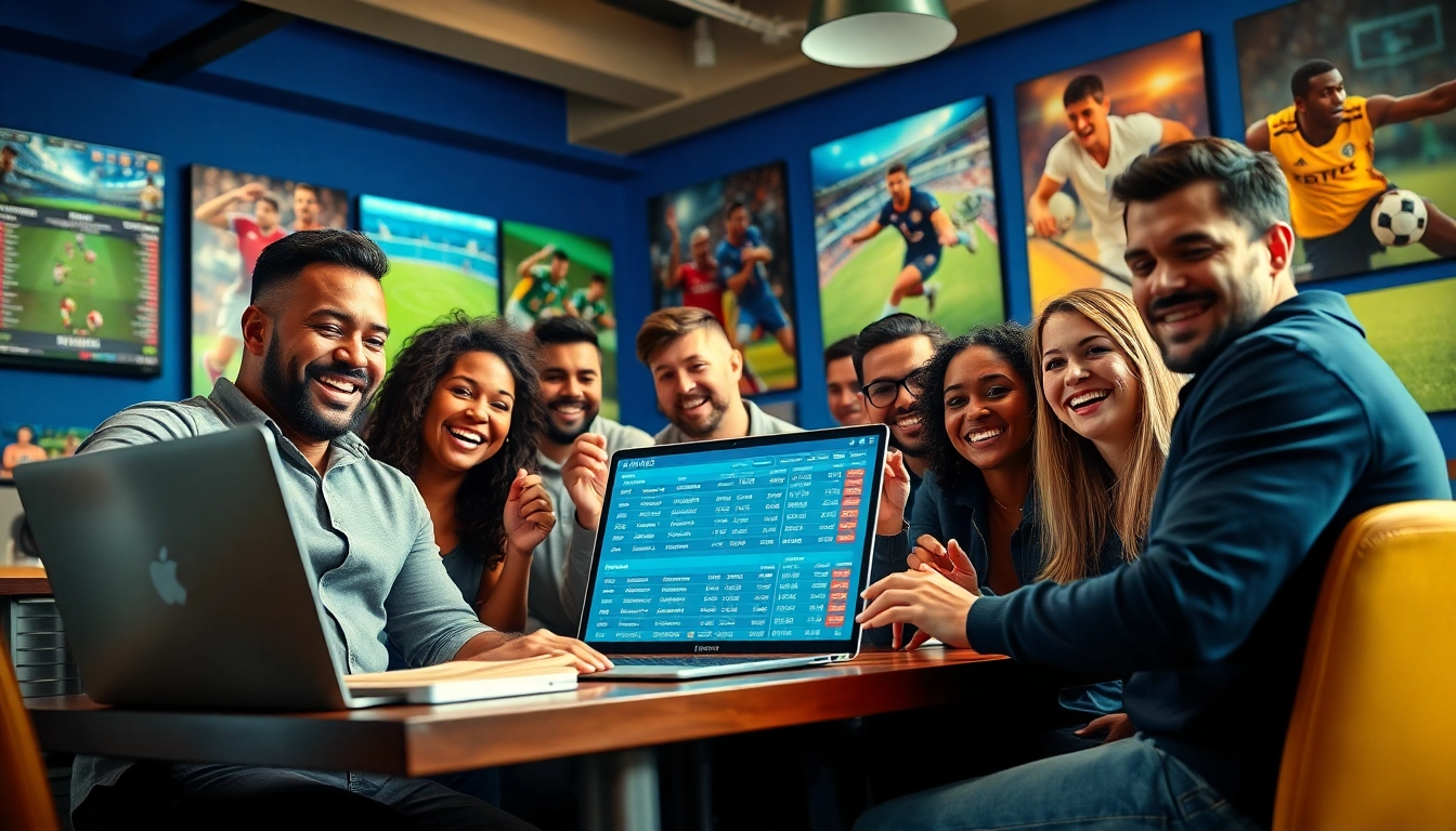Découvrez un groupe de parieurs engagés sur le site de paris sportifs, entouré d'une ambiance sportive dynamique.