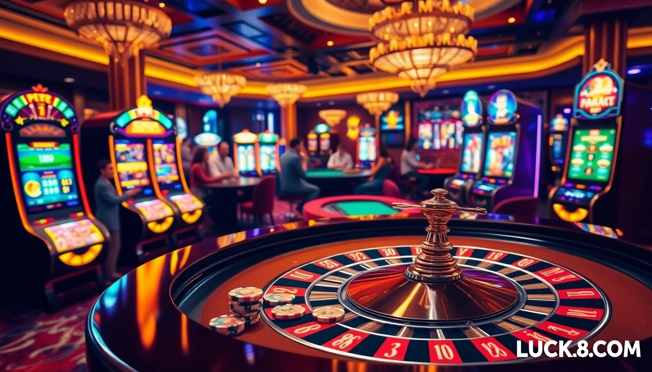 Players enjoying high-stakes action at LUCK8 COM casino, featuring roulette and slot machines.