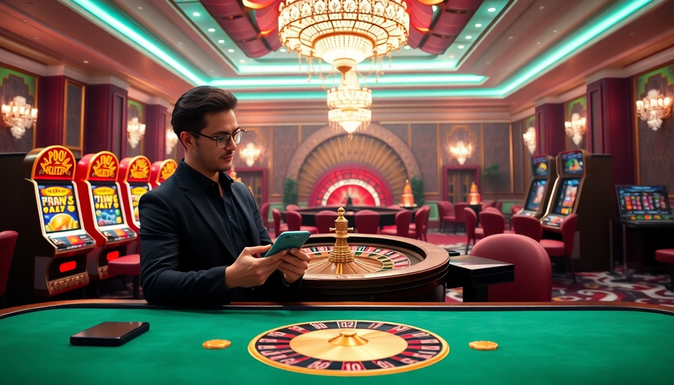 Exciting gambling scene featuring Fsbet online betting with poker tables and slot machines.