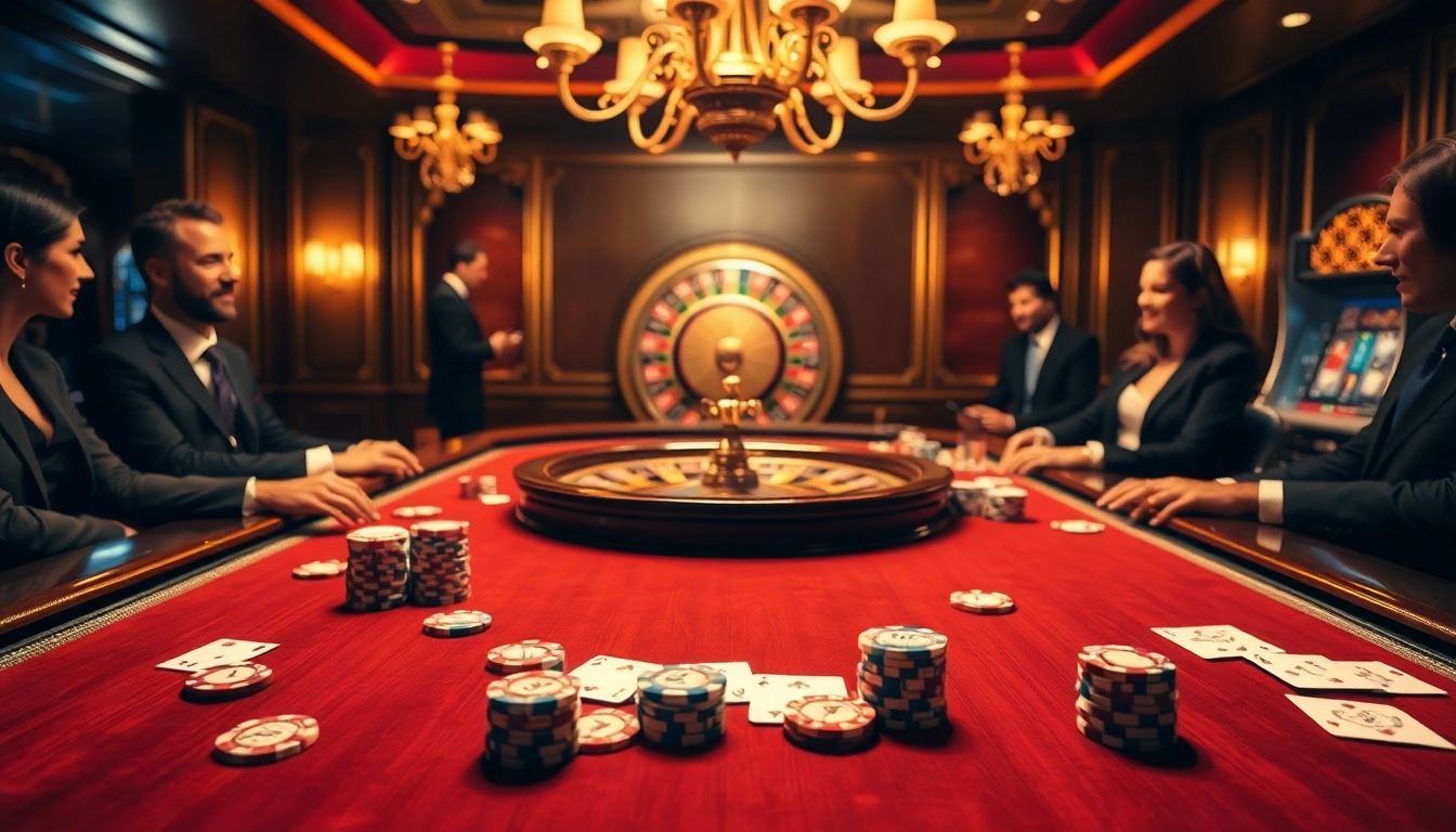 S8 poker chips and cards on a luxurious table in a vibrant casino scene.