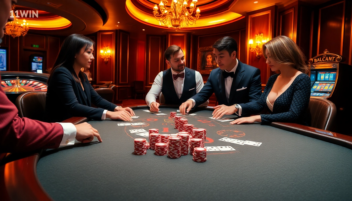 Experience high-stakes baccarat at 11WIN, featuring elegant players and a professional dealer.
