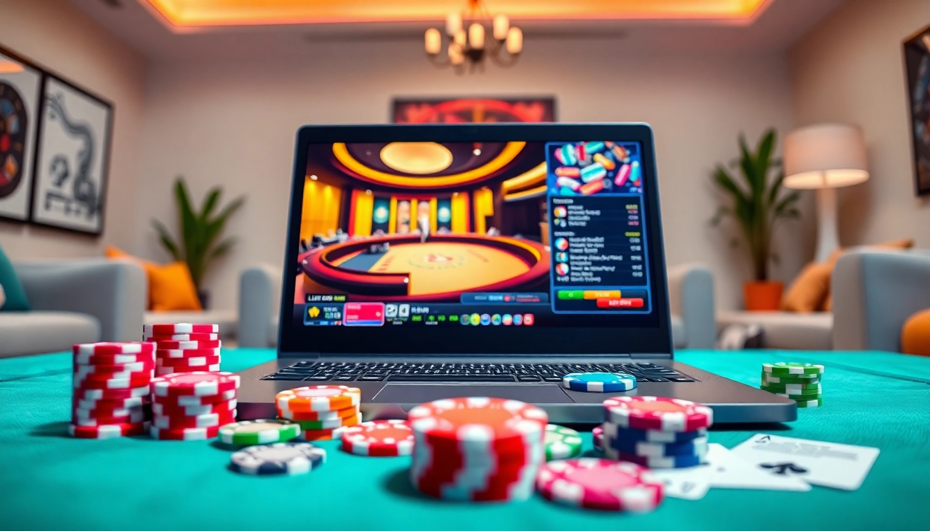 Jouer à casino en ligne 2026 avec un laptop moderne entouré de jetons de casino colorés.