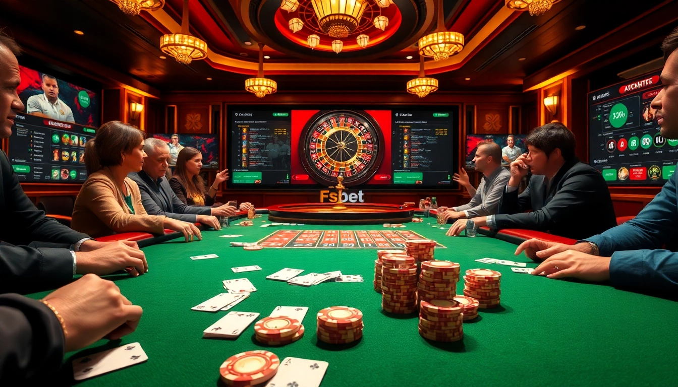 Engaging players at a Fsbet poker table amidst a vibrant casino atmosphere.