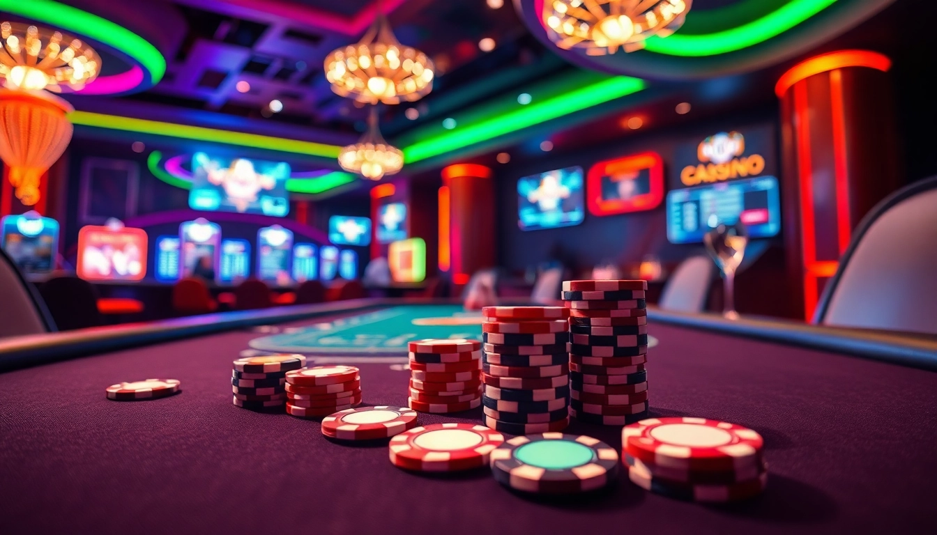 Le jeu excitant de casino en ligne avec des jetons de poker colorés et une ambiance dynamique