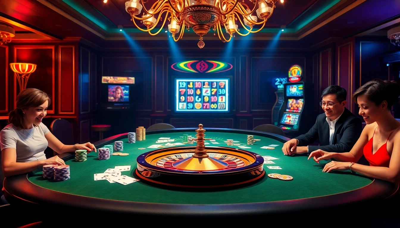 Players enjoying vibrant casino games at hitclub5br.com with roulette and poker elements.