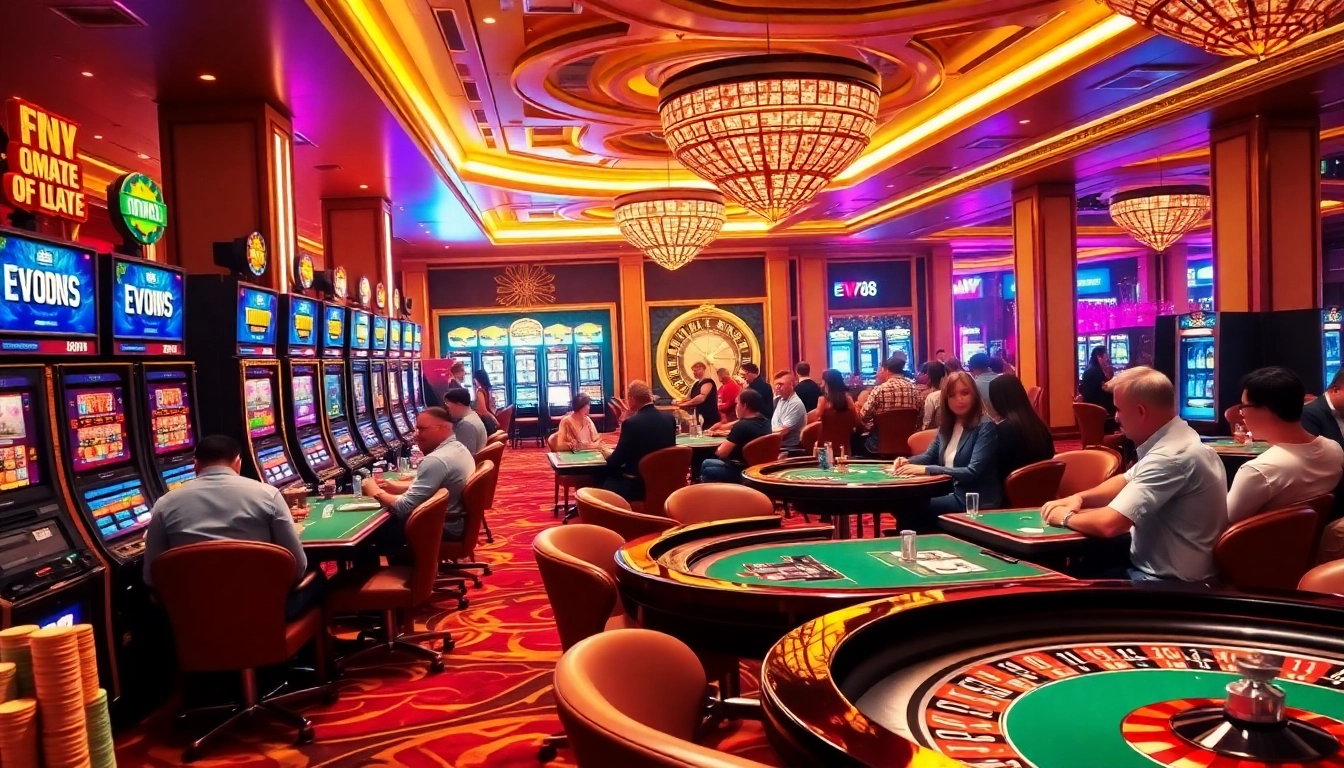 Players enjoying thrilling games at Ev88 casino with vibrant slot machines and poker tables.
