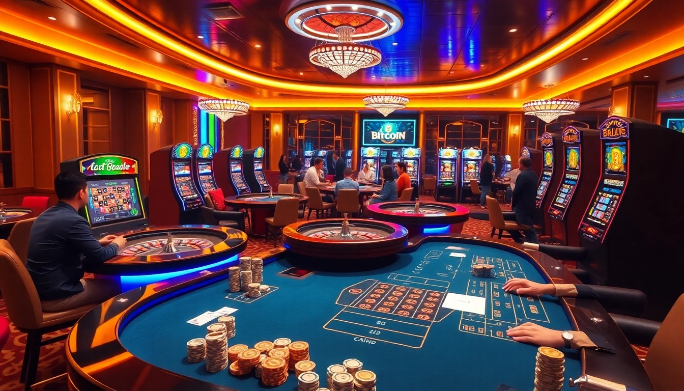 Exciting interaction at Bitcoin casinos featuring roulette wheels and slot machines.