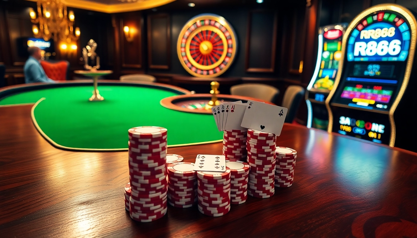 Experience the thrill of RR888 with poker chips and cards at a luxurious casino table.