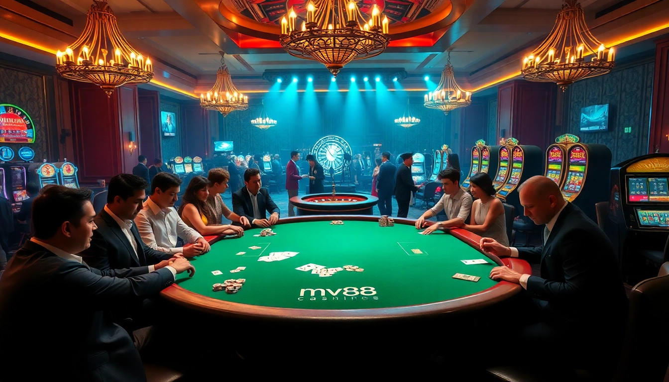 Play poker at MV88 casino with a vibrant table, chips, and cards in an exciting atmosphere.