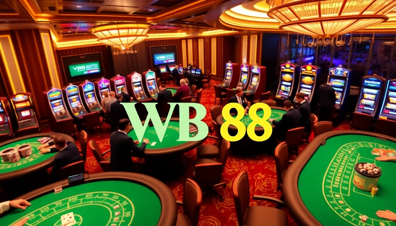 Players engaging in thrilling games at VB88 casino tables, surrounded by colorful slot machines and poker chips.