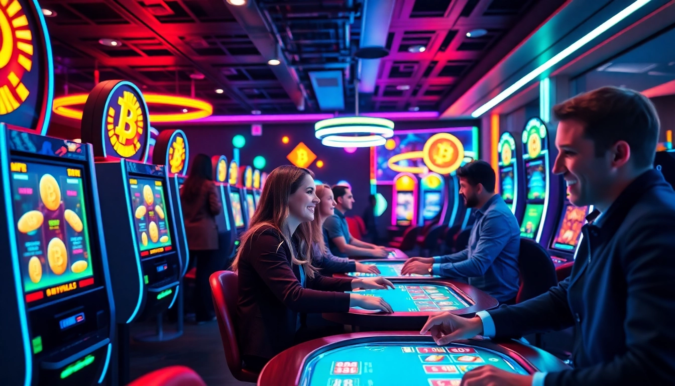 Jouez et gagnez au casino crypto moderne et vibrant avec un éclairage dynamique.