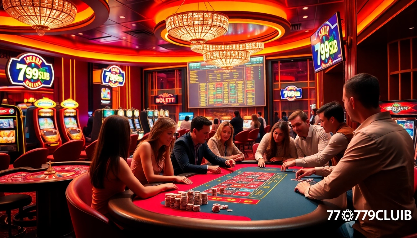 Excited players enjoy high-stakes gambling at 789CLUB's vibrant casino tables and slot machines.