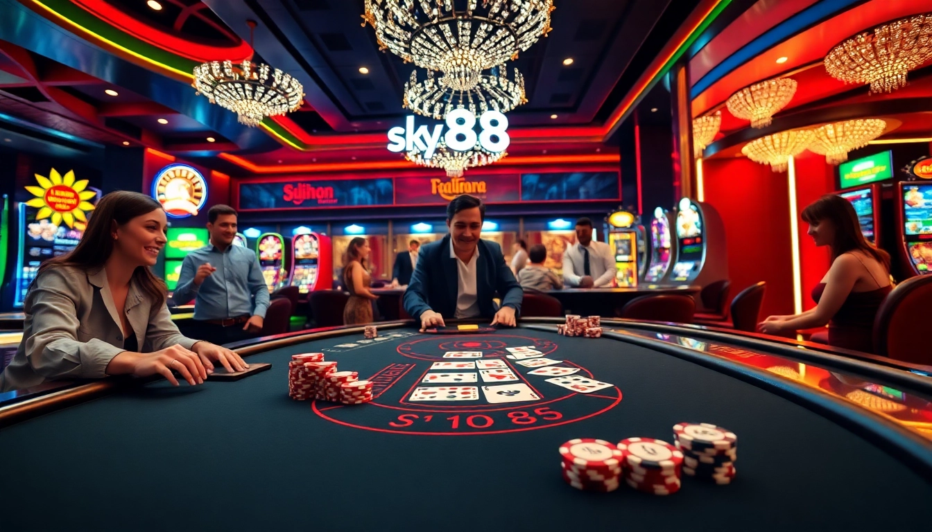 Experience thrilling gameplay at Sky88 with blackjack tables and roulette wheels in a luxurious setting.