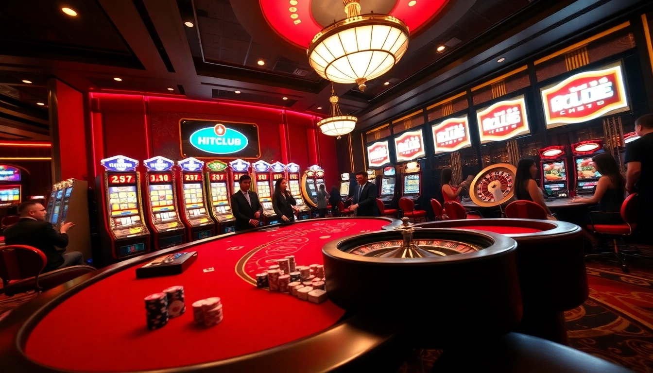 Hitclub casino players enjoying a luxury gaming experience with professional dealers and vibrant slot machines.
