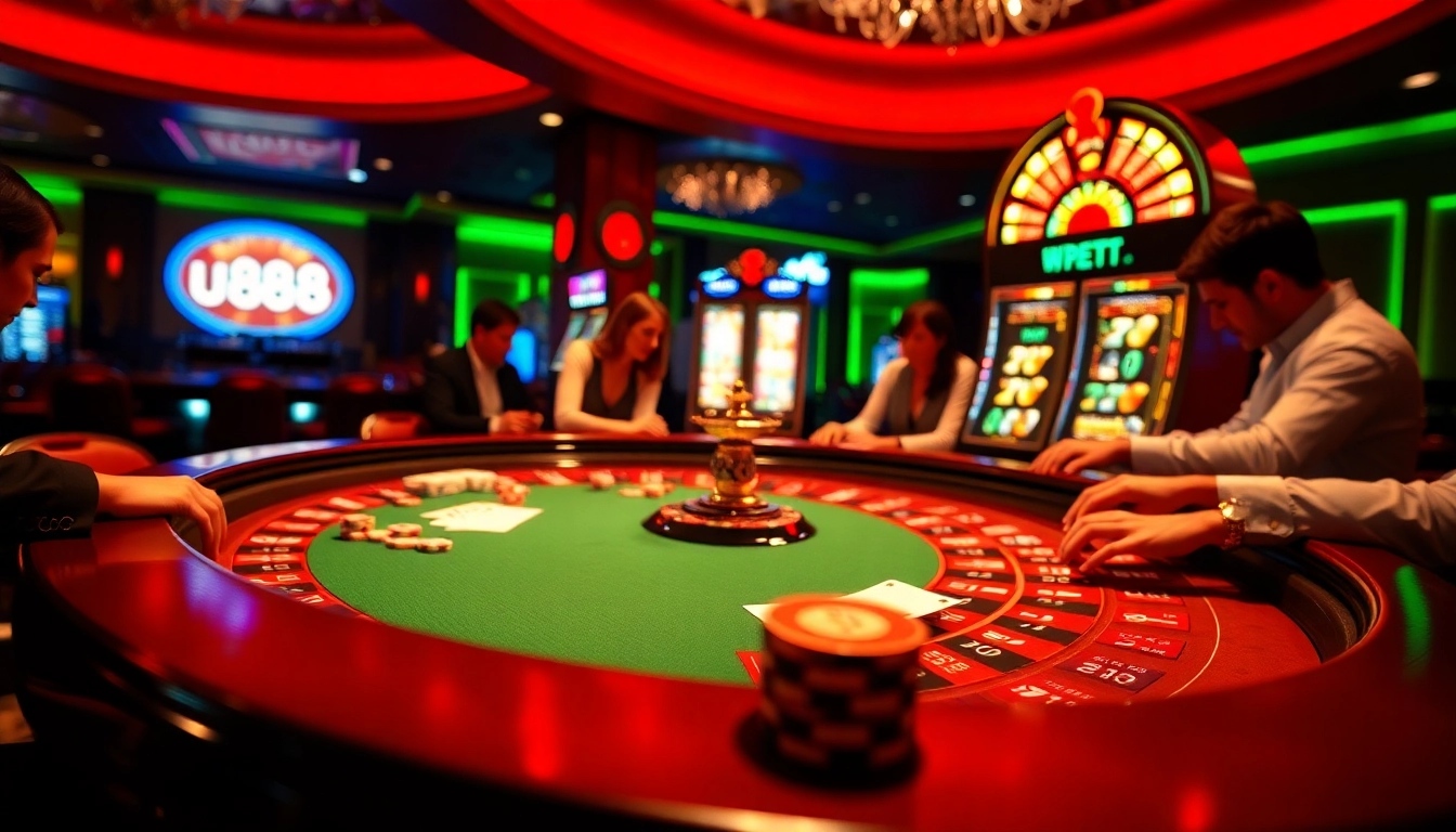 Experience high-stakes gambling at uu88 with a roulette table and vibrant poker action.