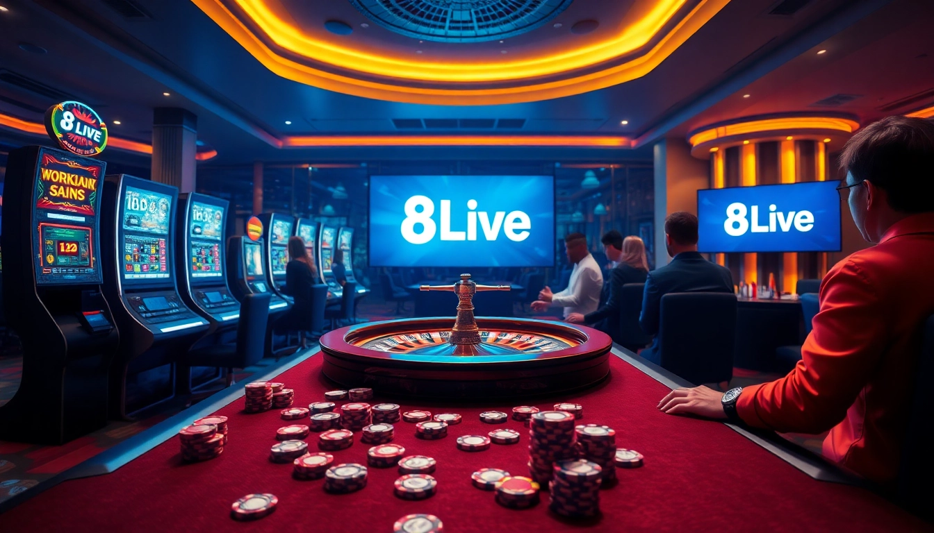 8Live featuring players at a luxurious casino table, vibrant slot machines, and an engaging online gambling interface.