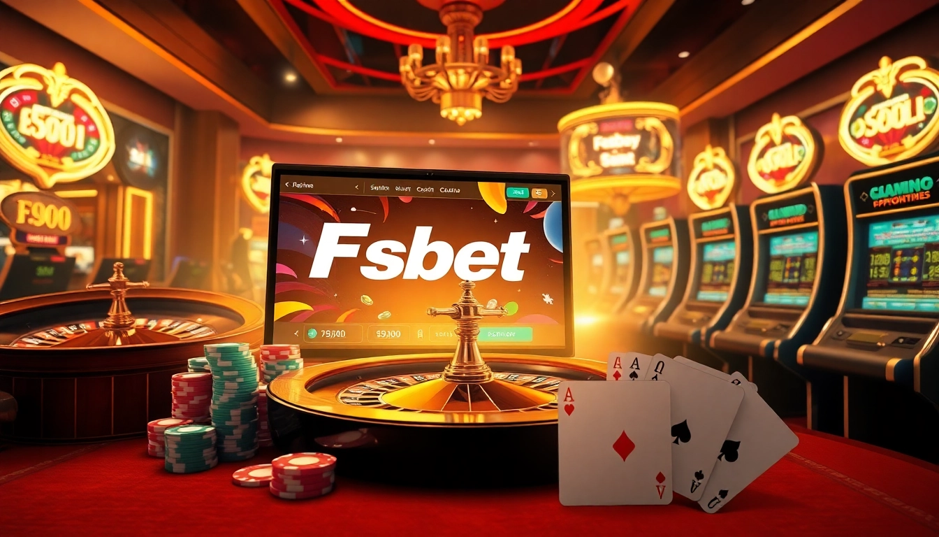 Experience the thrill of Fsbet with a dynamic casino scene featuring roulette, poker chips, and slot machines.