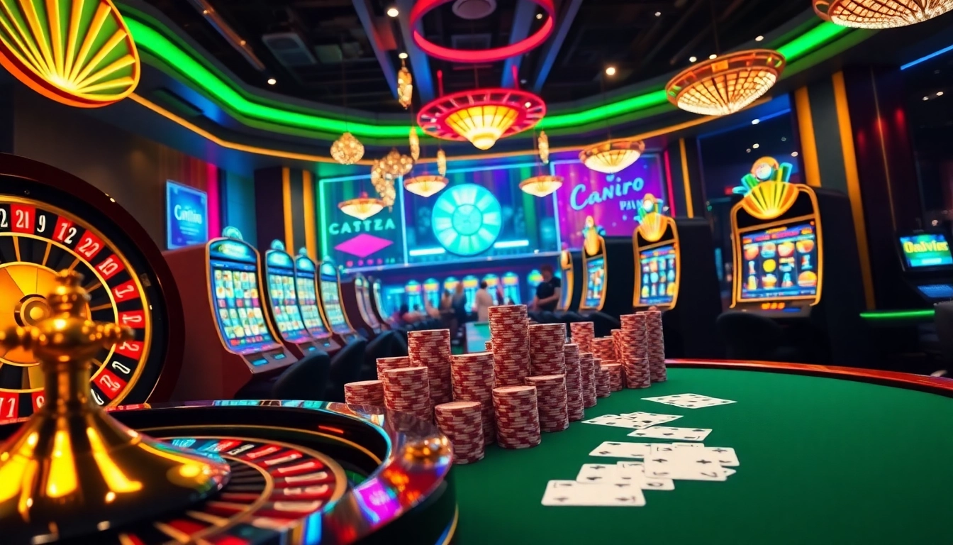 Scène de jeux de casino crypto pleine d'action avec roulette numérique et machines à sous néon.