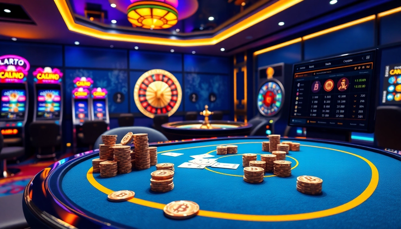 Casino crypto gaming experience with vibrant slot machines and a poker table.