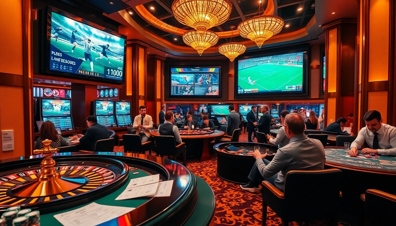 Participants engagés dans des paris sportifs dans une zone de paris animée d'un casino.