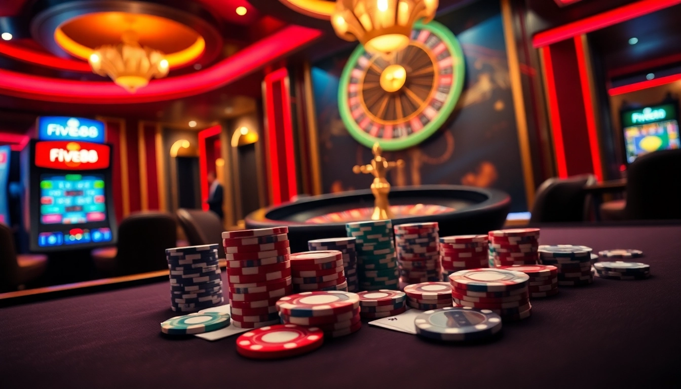 Experience the thrill of gambling with Five88 at a luxurious casino table filled with poker chips and cards.