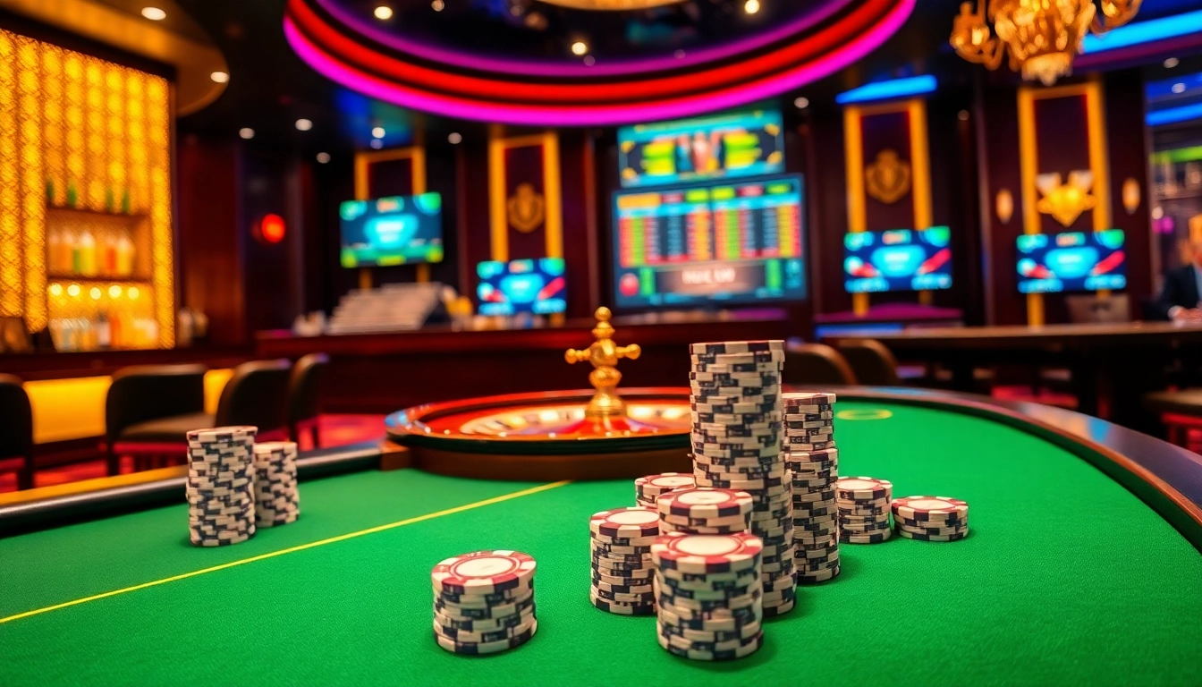 Experience casino crypto excitement with colorful chips and a roulette wheel in a vibrant casino setting.