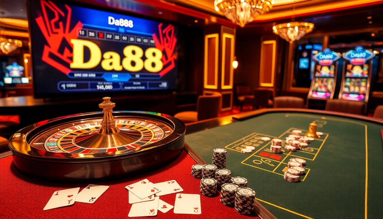 Engage with Da88 gaming action at a luxurious casino, featuring roulette and poker tables.