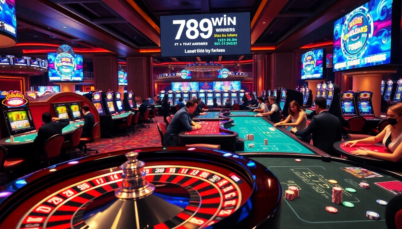 Experience thrilling gameplay at 789WIN's vibrant casino floor filled with poker tables and roulette wheels.
