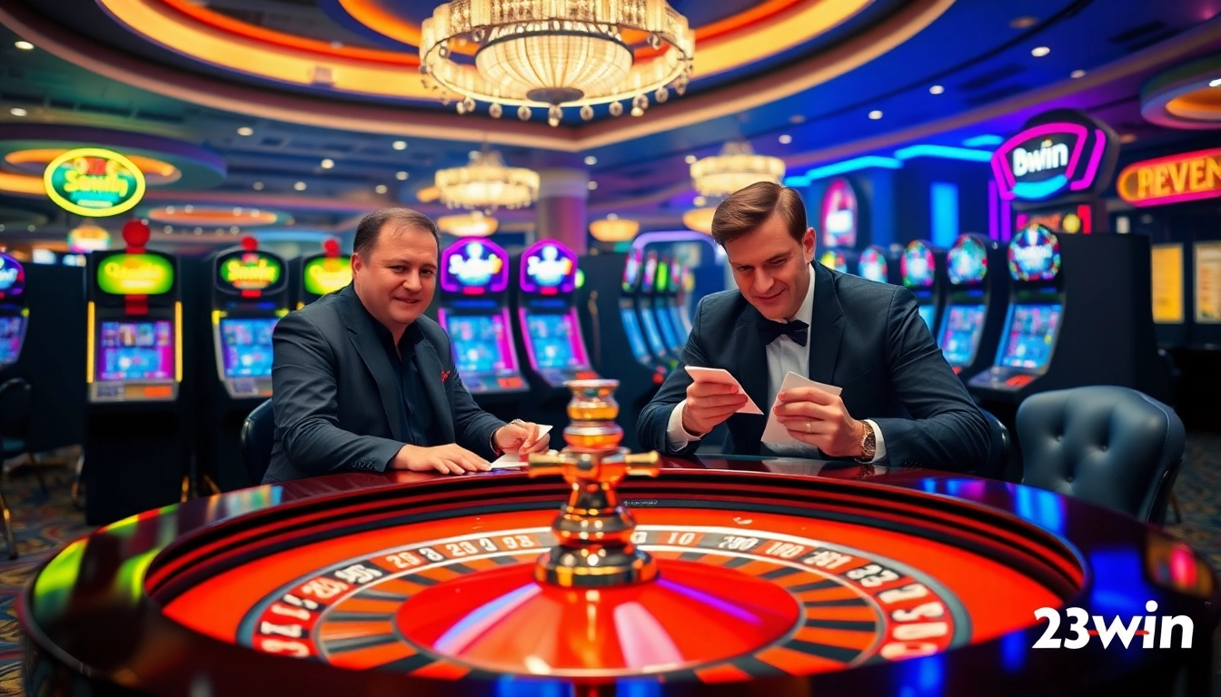 Players engaging in a thrilling game at the luxurious 23win casino, showcasing excitement and professionalism.
