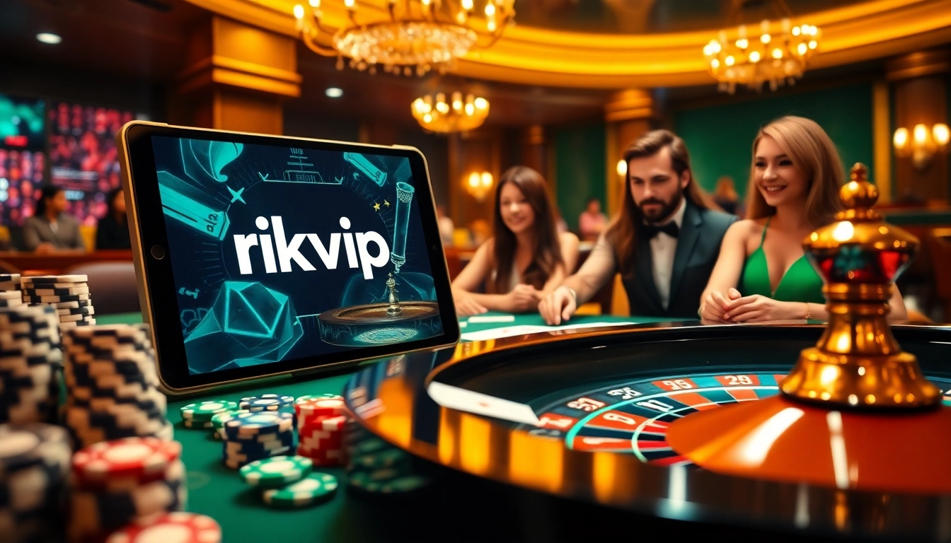 Engaged players enjoying a vibrant rikvip online gambling interface with poker chips and cards.