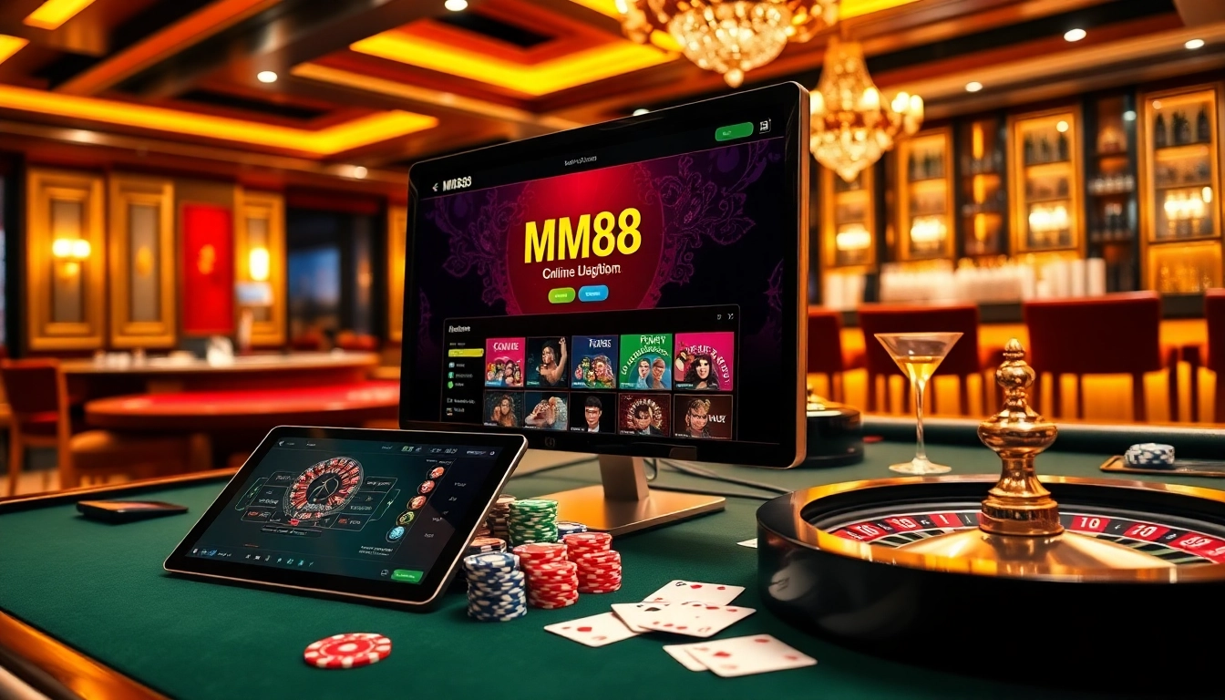 Engaging MM88 online gambling scene showcasing casino table, poker chips, and roulette wheel.