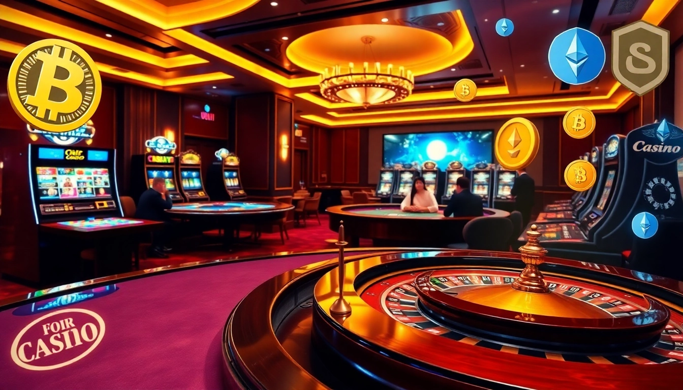 Players enjoying the best crypto casino experience at stylish tables with vibrant slot machines.