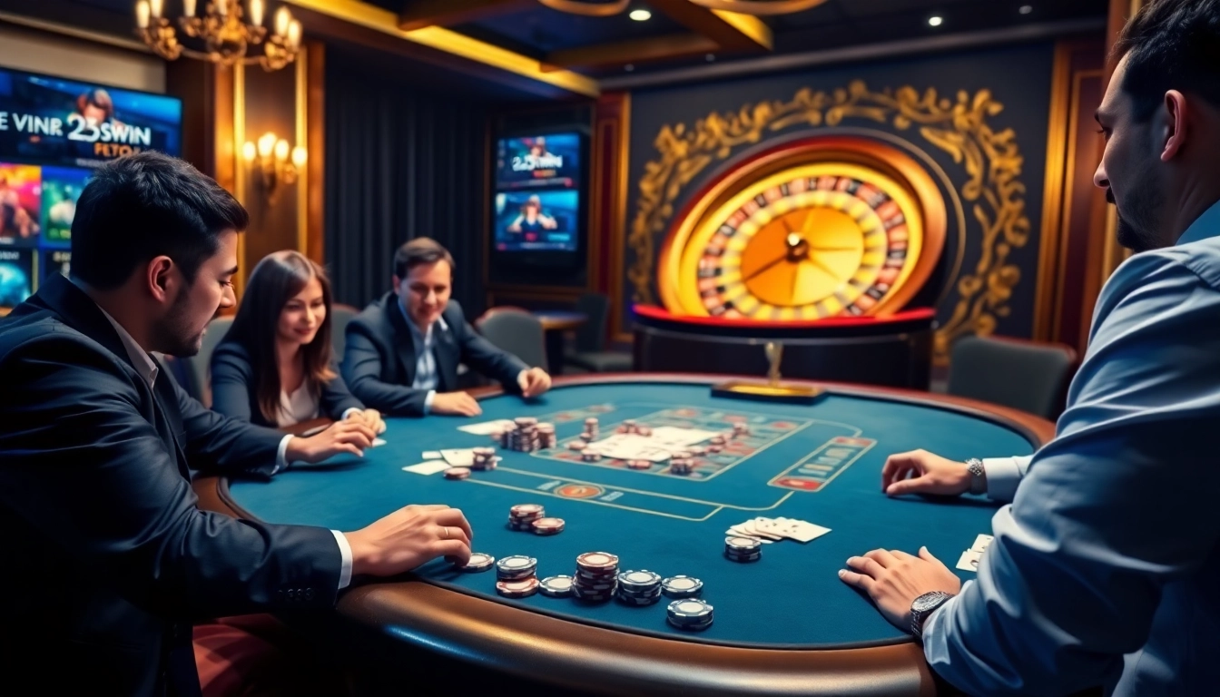 Players enjoying a thrilling game at Nhà cái 23win casino, showcasing poker chips and cards.