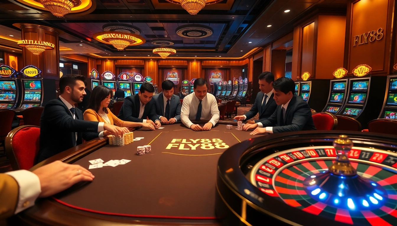 FLY88 poker table packed with players showcasing a thrilling casino experience.