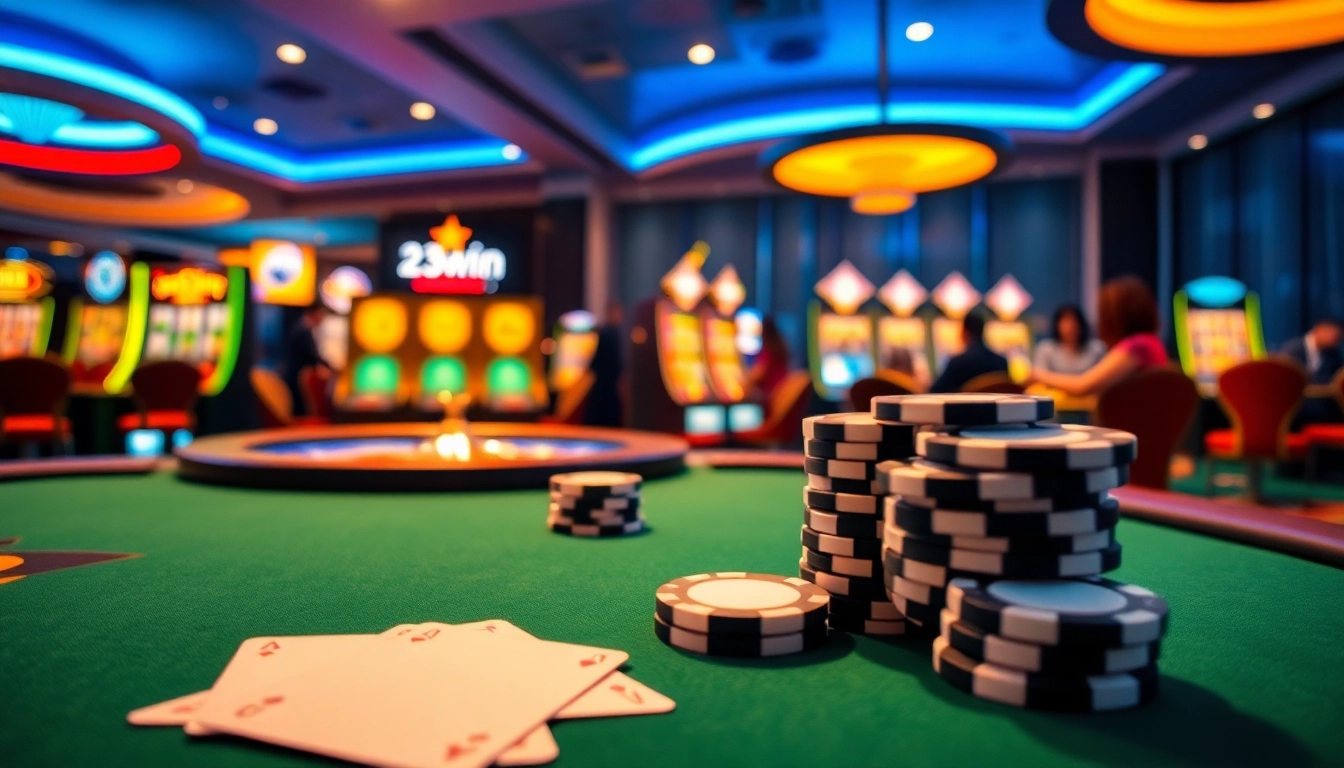 A lively casino scene illustrating the excitement of 23win with vibrant games, luxurious decor, and active players at the table.
