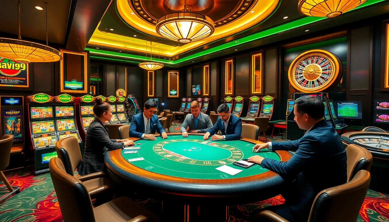 GAVIP999 poker players at a luxurious casino table surrounded by exciting gaming elements.
