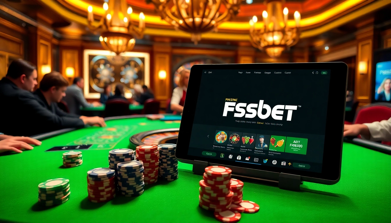 Fsbet offers an exciting casino experience with poker chips and a vibrant gaming table.